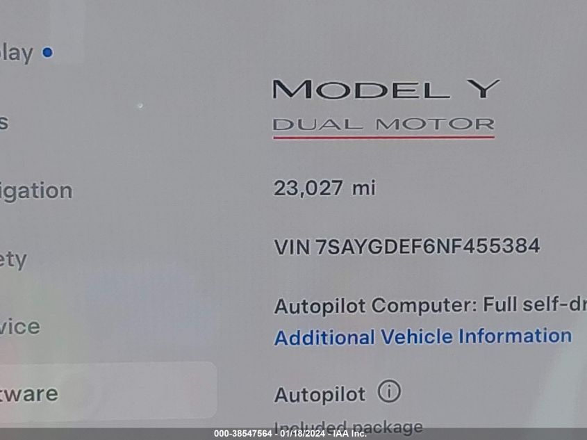 2022 TESLA MODEL Y PERFORMANCE DUAL MOTOR ALL-WHEEL DRIVE - 7SAYGDEF6NF455384