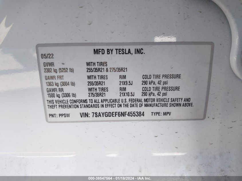 2022 TESLA MODEL Y PERFORMANCE DUAL MOTOR ALL-WHEEL DRIVE - 7SAYGDEF6NF455384