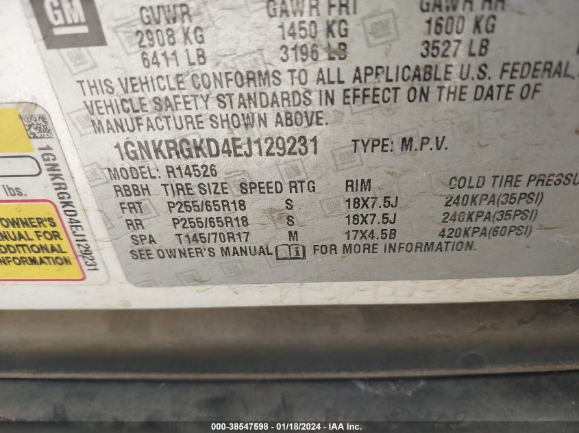 2014 CHEVROLET TRAVERSE 1LT - 1GNKRGKD4EJ129231