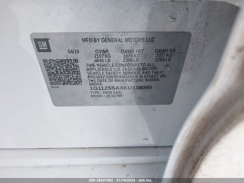 2019 CHEVROLET IMPALA LT - 1G11Z5SAXKU138095
