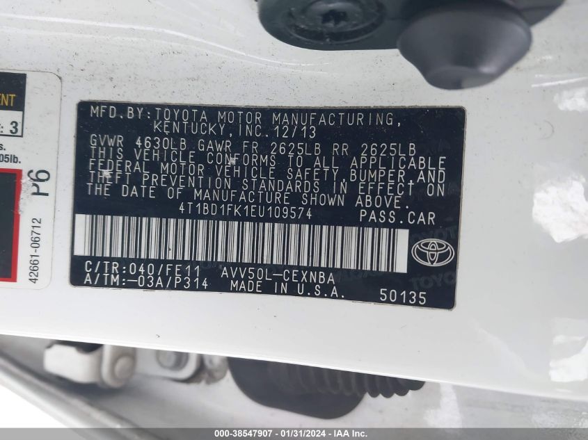 2014 TOYOTA CAMRY HYBRID LE - 4T1BD1FK1EU109574