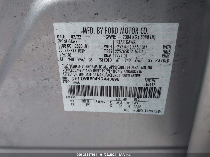 2022 FORD MAVERICK XL/XLT/LARIAT - 3FTTW8E94NRA40896