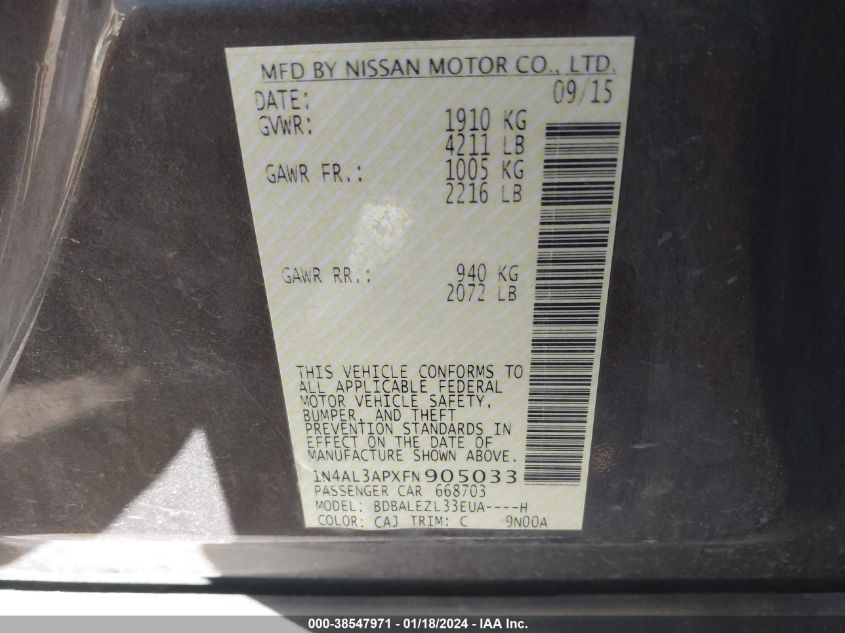 2015 NISSAN ALTIMA 2.5 S - 1N4AL3APXFN905033
