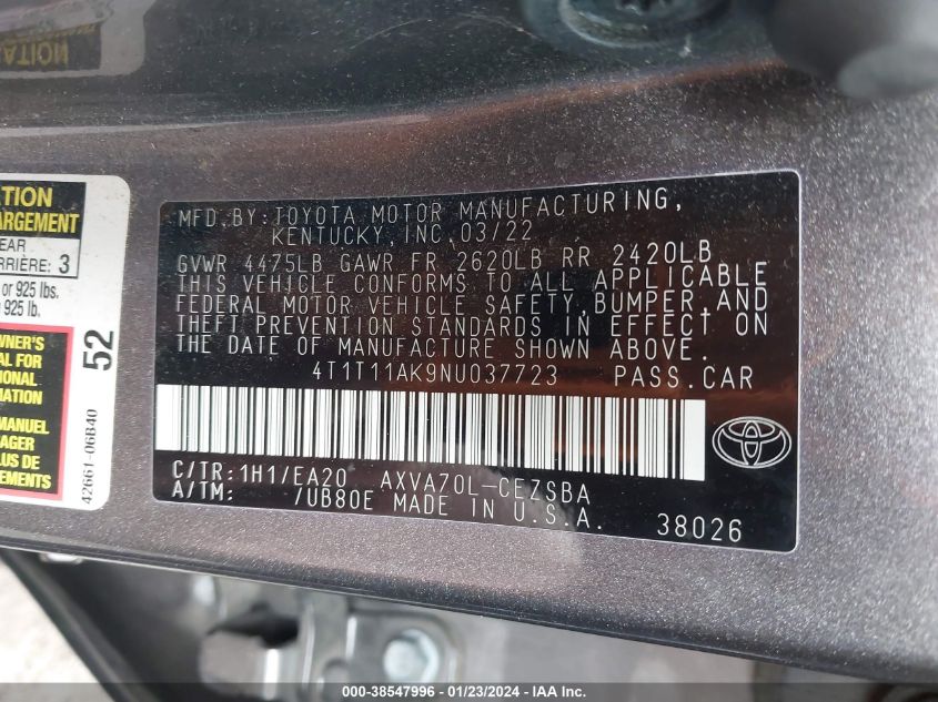 2022 TOYOTA CAMRY SE/NIGHT SHADE - 4T1T11AK9NU037723