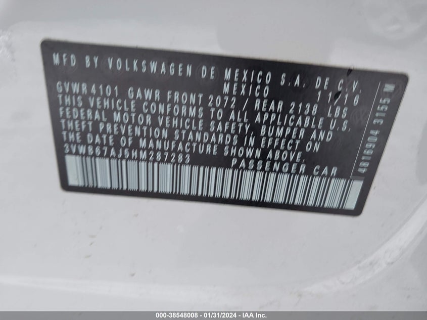 VIN 3VWB67AJ5HM287283 2017 VOLKSWAGEN JETTA 1.4T SE