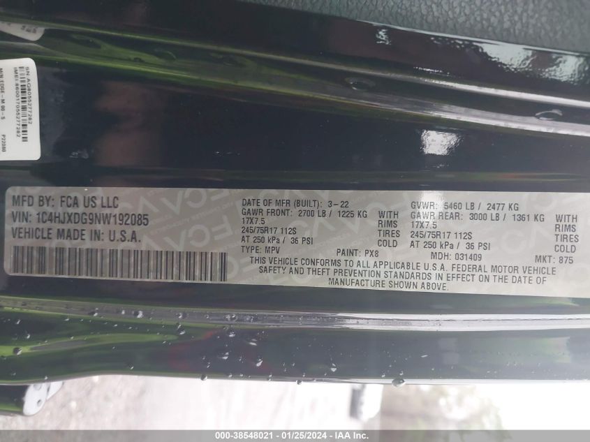 2022 JEEP WRANGLER UNLIMITED SPORT 4X4 - 1C4HJXDG9NW192085