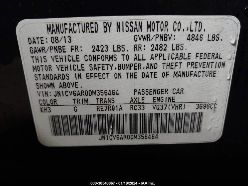 2013 INFINITI G37X JN1CV6AR0DM356464