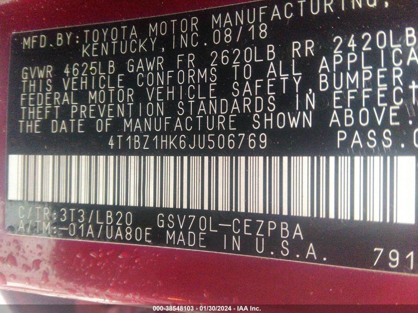 2018 TOYOTA CAMRY XSE V6 - 4T1BZ1HK6JU506769