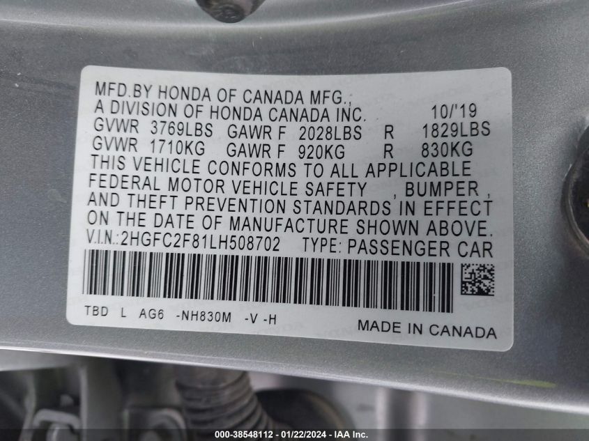 2020 HONDA CIVIC SPORT - 2HGFC2F81LH508702