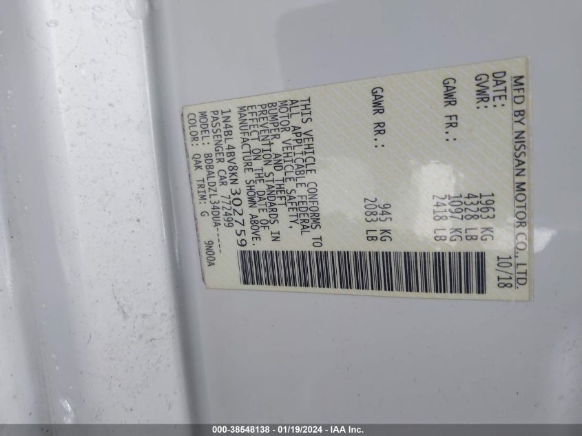 2019 NISSAN ALTIMA S - 1N4BL4BV8KN302759