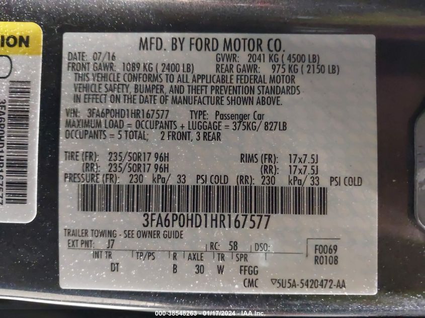 2017 FORD FUSION SE - 3FA6P0HD1HR167577