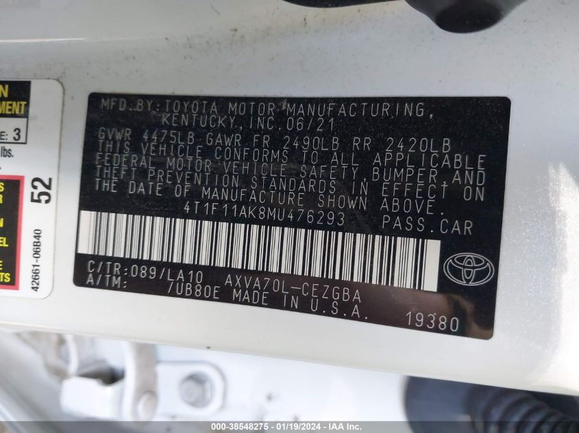 2021 TOYOTA CAMRY XLE - 04T1F11AK8MU47629