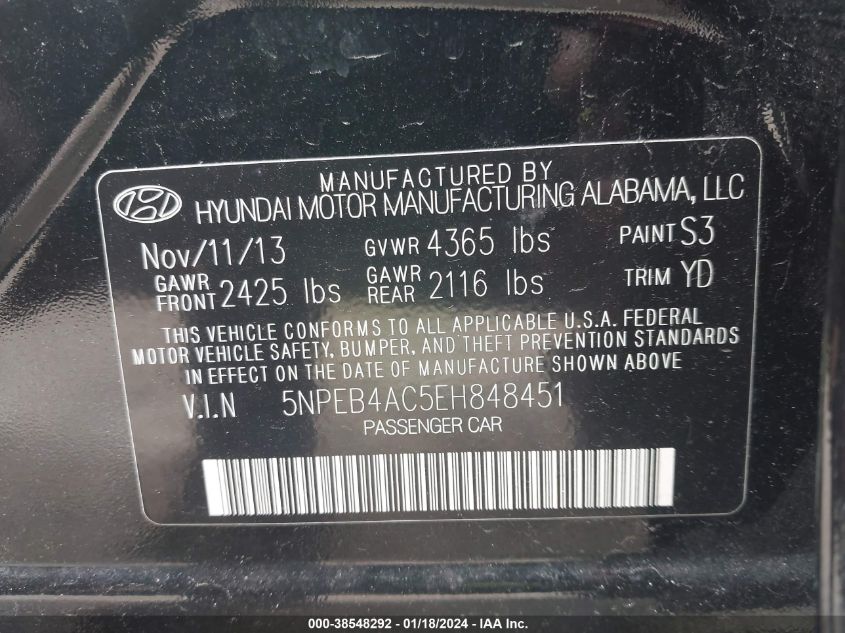 2014 HYUNDAI SONATA GLS - 5NPEB4AC5EH848451