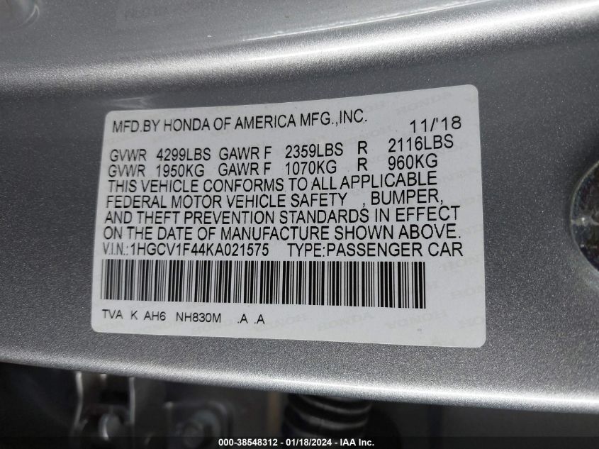 1HGCV1F44KA021575 | 2019 HONDA ACCORD