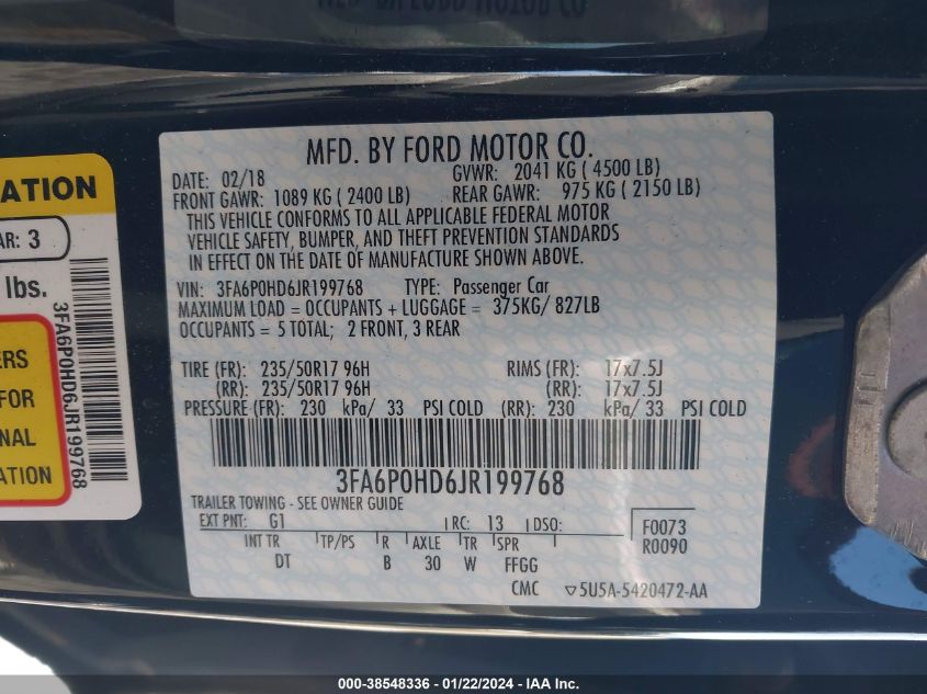 2018 FORD FUSION SE - 3FA6P0HD6JR199768