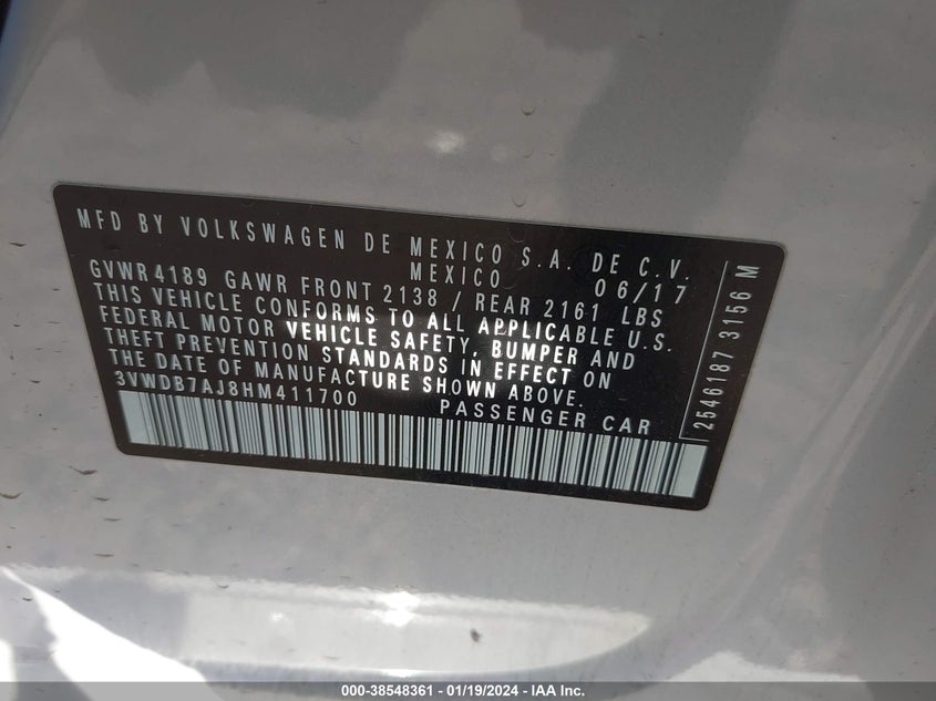 VIN 3VWDB7AJ8HM411700 2017 VOLKSWAGEN JETTA 1.4T SE