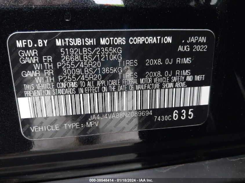 2022 MITSUBISHI OUTLANDER SEL 2.5 S-AWC/SEL LAUNCH EDITION S-AWC/SEL SPECIAL EDITION S-AWC - JA4J4VA88NZ089694