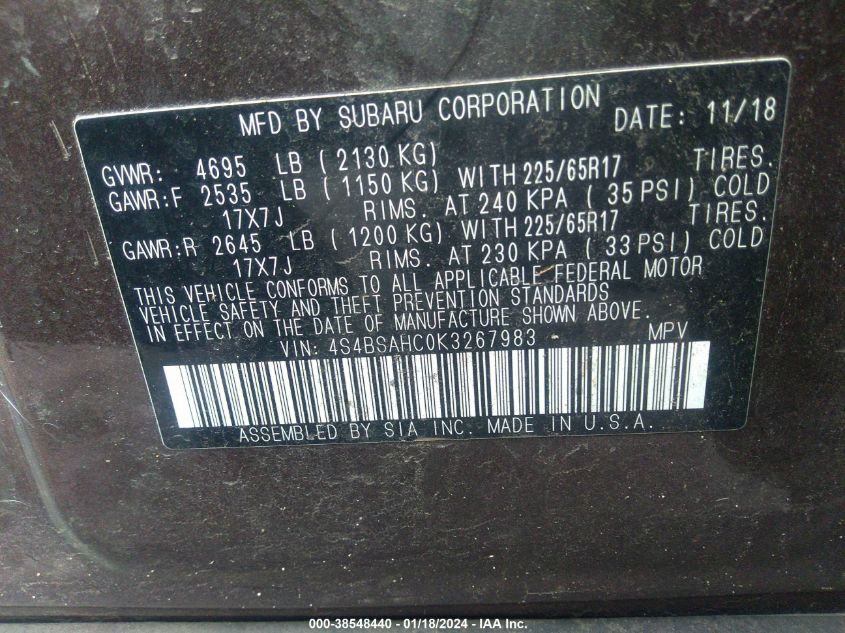 2019 SUBARU OUTBACK 2.5I PREMIUM - 4S4BSAHC0K3267983