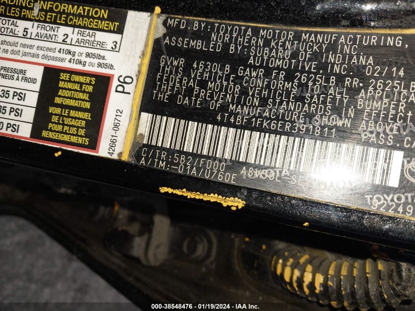 2014 TOYOTA CAMRY L/SE/LE/XLE - 4T4BF1FK6ER391811