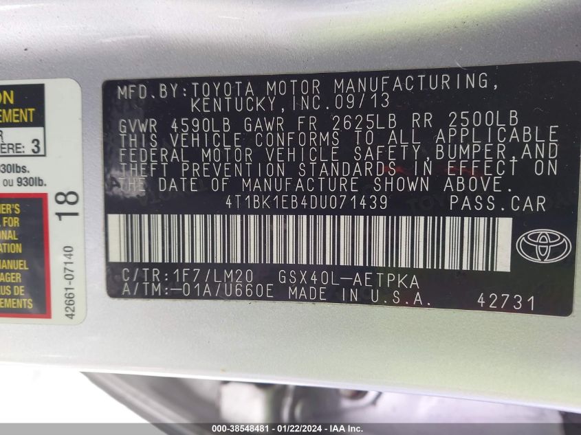 2013 TOYOTA AVALON LIMITED - 4T1BK1EB4DU071439