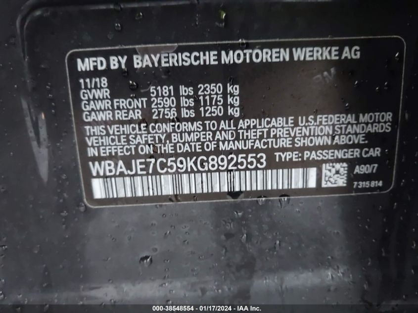 2019 BMW 540I XDRIVE WBAJE7C59KG892553