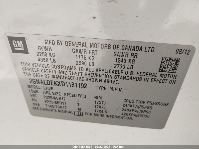 2013 CHEVROLET EQUINOX LT - 2GNALDEKXD1131192