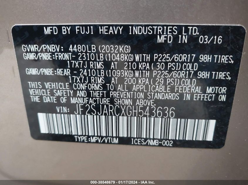 2016 SUBARU FORESTER 2.5I LIMITED - JF2SJARCXGH543636
