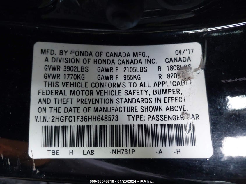 VIN 2HGFC1F36HH648573 2017 HONDA CIVIC EX