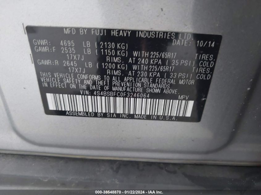 2015 SUBARU OUTBACK 2.5I PREMIUM - 4S4BSBFC0F3246064