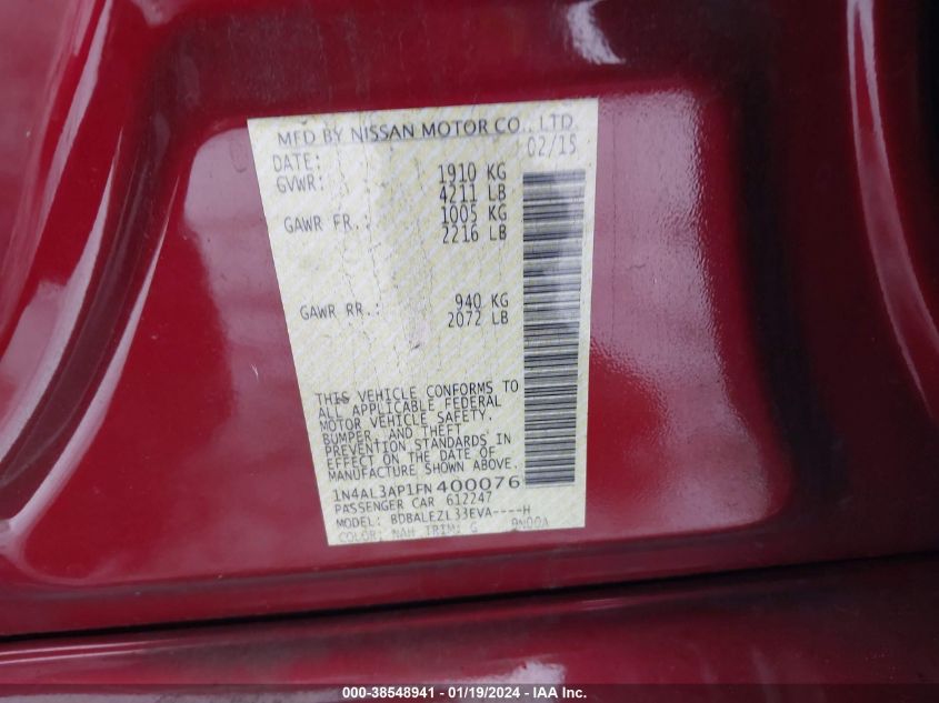 2015 NISSAN ALTIMA 2.5 S - 1N4AL3AP1FN400076