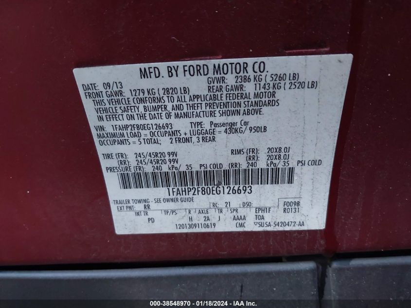 2014 FORD TAURUS LIMITED - 1FAHP2F80EG126693