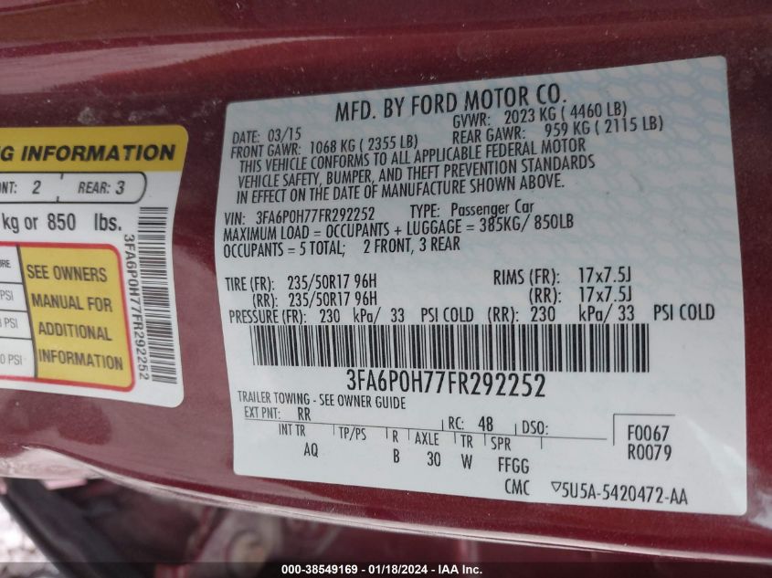 2015 FORD FUSION SE - 3FA6P0H77FR292252