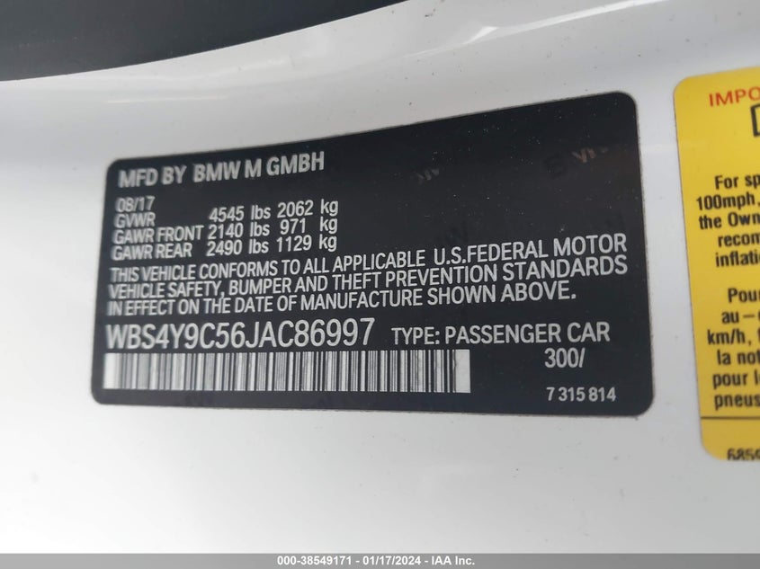 VIN WBS4Y9C56JAC86997 2018 BMW M4
