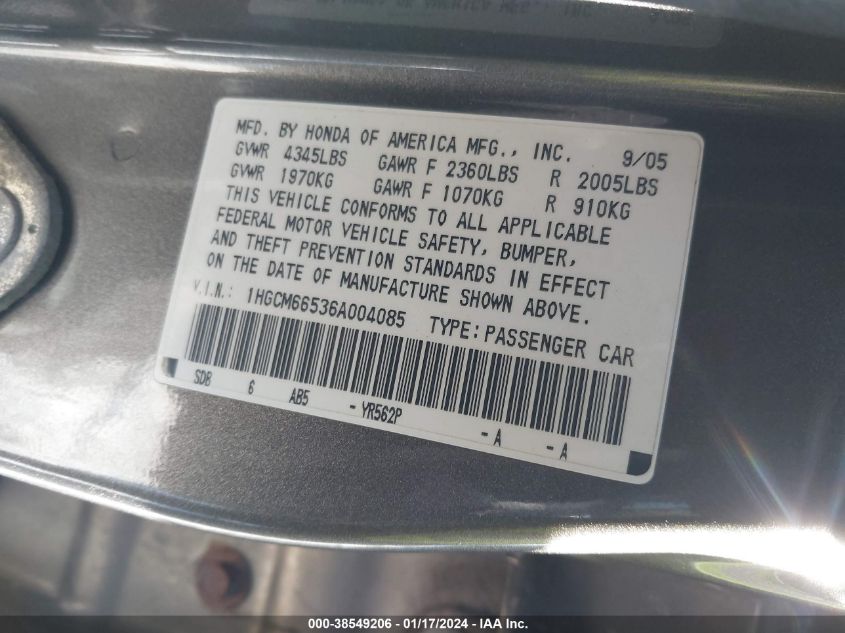 1HGCM66536A004085 | 2006 HONDA ACCORD