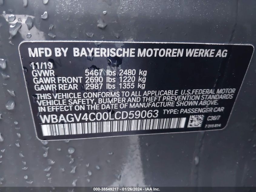 2020 BMW 840I GRAN COUPE XDRIVE - WBAGV4C00LCD59063