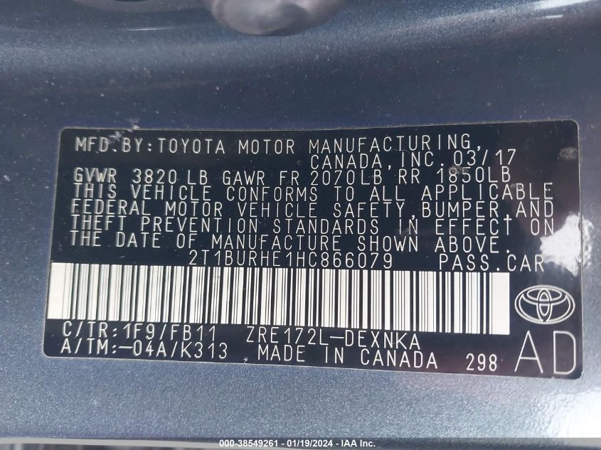 2017 TOYOTA COROLLA L/LE/XLE/SE/XSE - 2T1BURHE1HC866079