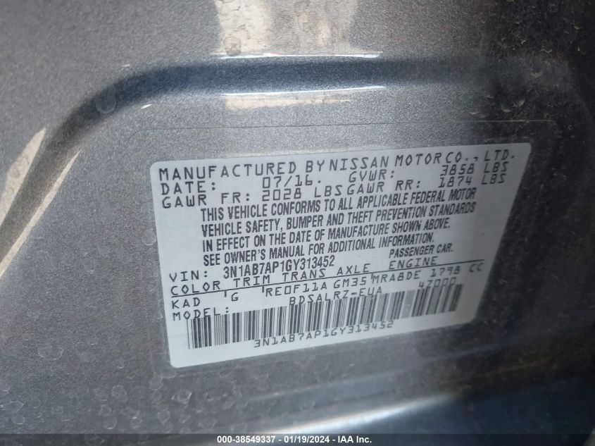 2016 NISSAN SENTRA S/SV/SR/SL - 3N1AB7AP1GY313452
