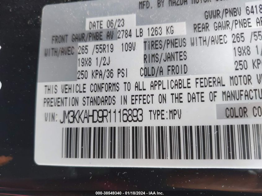 2024 MAZDA CX-90 3.3 TURBO SELECT JM3KKAHD9R1116893