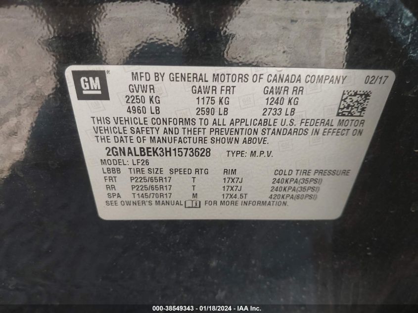 VIN 2GNALBEK3H1573628 2017 CHEVROLET EQUINOX LS