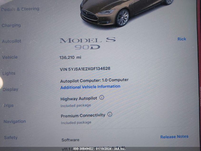 2016 TESLA MODEL S 60D/70D/75D/85D/90D - 5YJSA1E2XGF134628