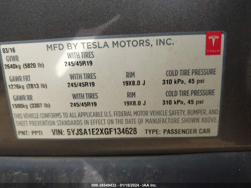 2016 TESLA MODEL S 60D/70D/75D/85D/90D - 5YJSA1E2XGF134628