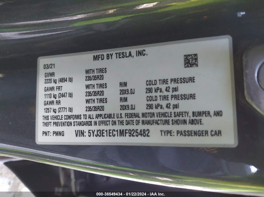 2021 TESLA MODEL 3 - 5YJ3E1EC1MF925482
