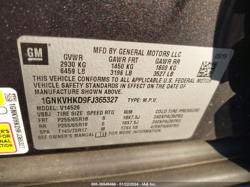 2015 CHEVROLET TRAVERSE LT - 1GNKVHKD9FJ365327