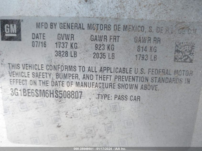 2017 CHEVROLET CRUZE LT - 3G1BE6SM6HS508807