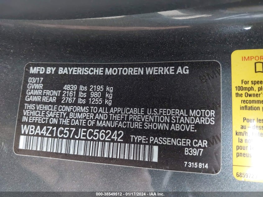 VIN WBA4Z1C57JEC56242 2018 BMW 430I