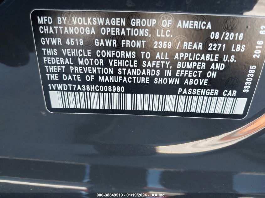 2017 VOLKSWAGEN PASSAT R-LINE - 1VWDT7A38HC008980