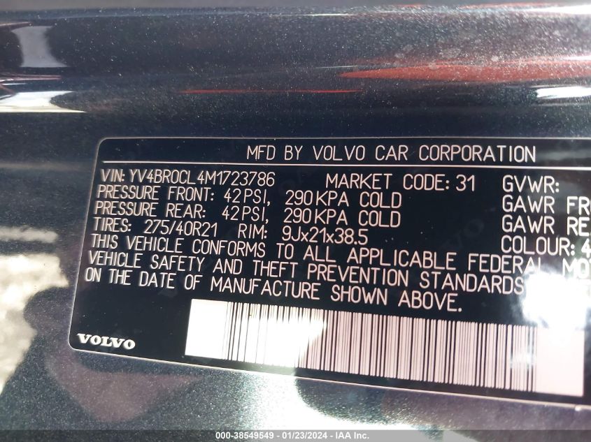 2021 VOLVO XC90 RECHARGE PLUG-IN HYBRID T8 RECHARGE INSCRIPTION YV4BR0CL4M1723786