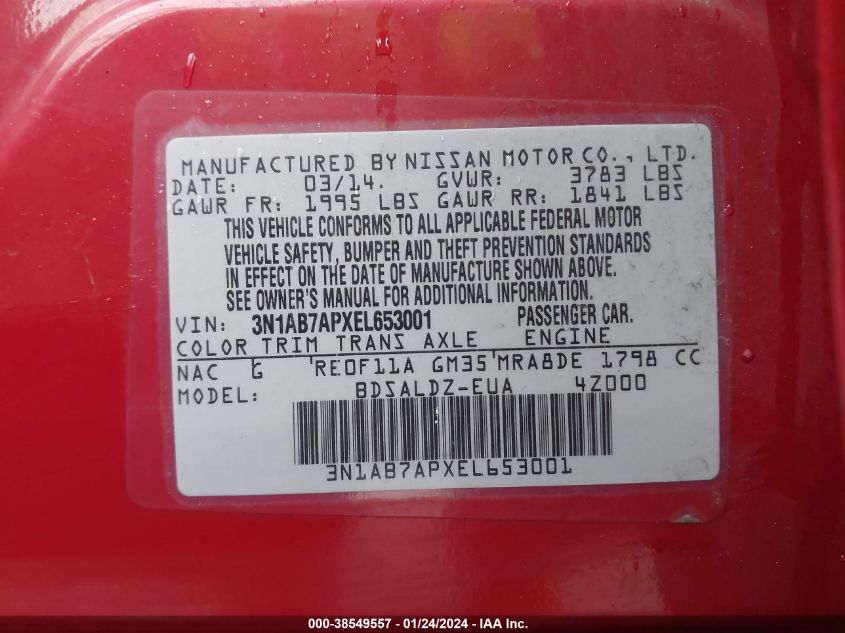 2014 NISSAN SENTRA FE+ S/FE+ SV/S/SL/SR/SV - 3N1AB7APXEL653001