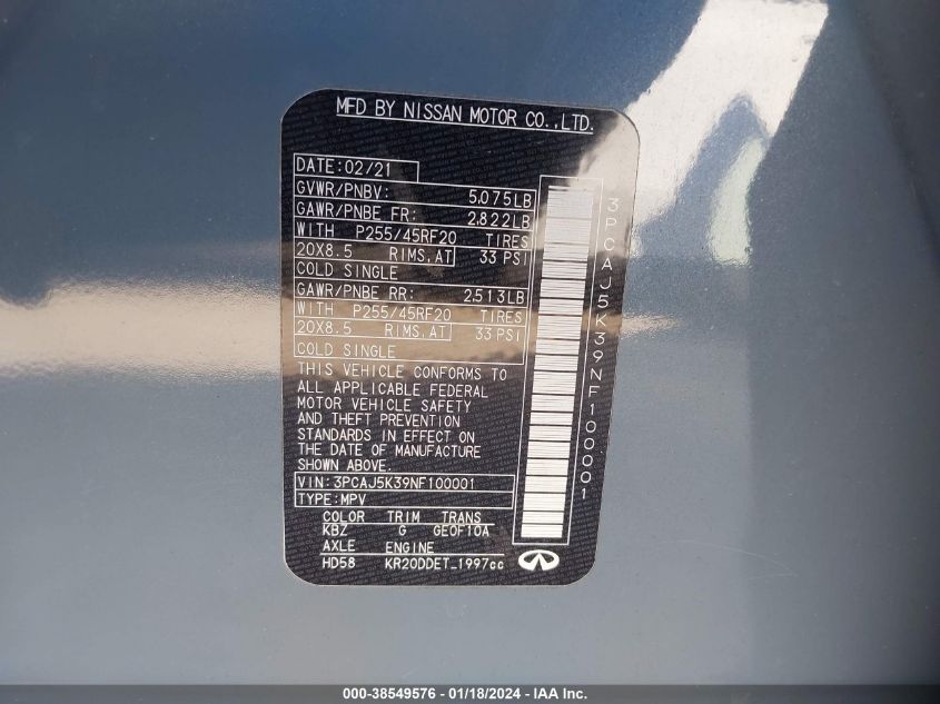 2022 INFINITI QX55 ESSENTIAL AWD - 3PCAJ5K39NF100001