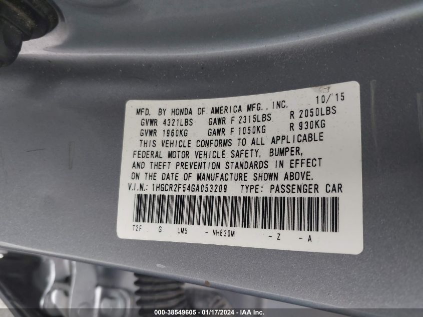 2016 HONDA ACCORD SPORT - 1HGCR2F54GA053209